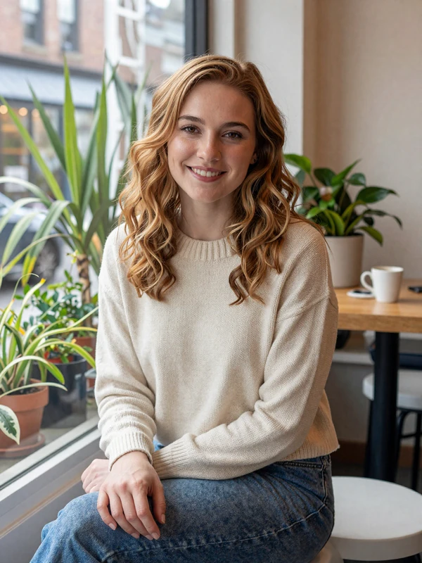 Sophie, a 28-year-old verified Niodate member relaxing at a Portland coffee shop - real-style dating profile photo