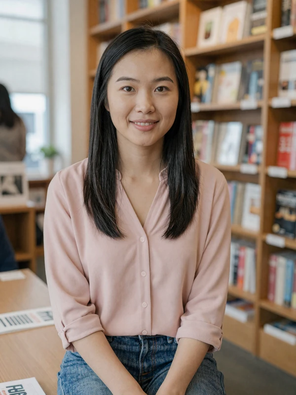 Mei-Lin, a 30-year-old verified Niodate user reading at a San Francisco bookstore - authentic dating profile