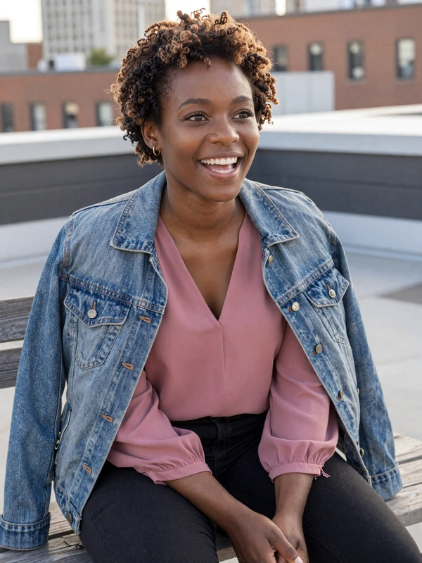 Maya, a 27-year-old Chicago Niodate member laughing on a rooftop - real-style dating profile