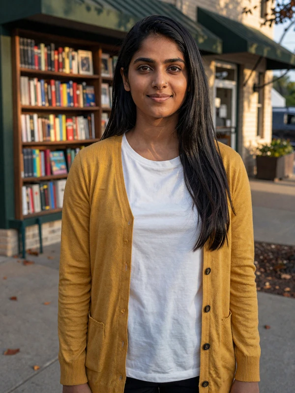 Priya, a 32-year-old Austin-based Niodate user in a yellow cardigan - verified profile example