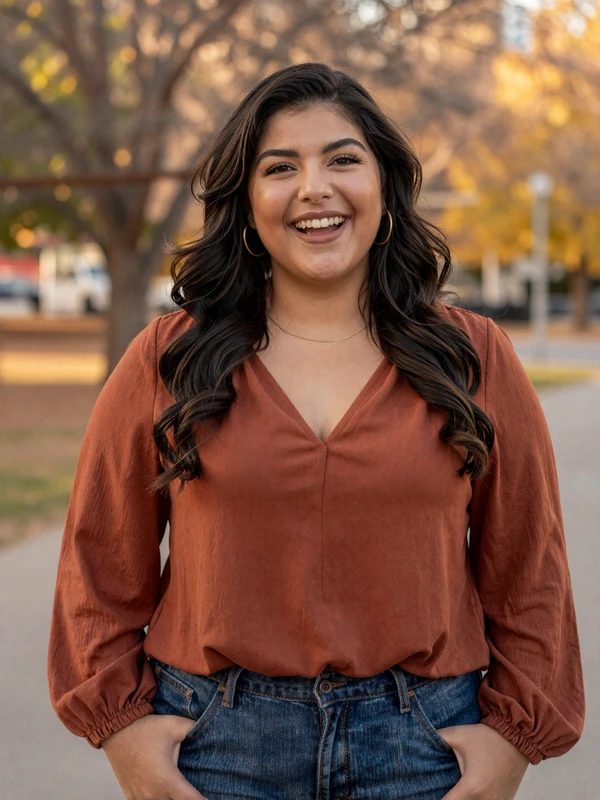 Camila, a 33-year-old verified Niodate user laughing in a Denver park during autumn - genuine profile photo