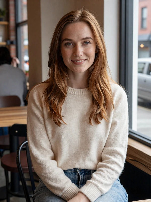 Hannah, a 29-year-old verified Niodate member smiling in a Brooklyn cafe - real profile photo example